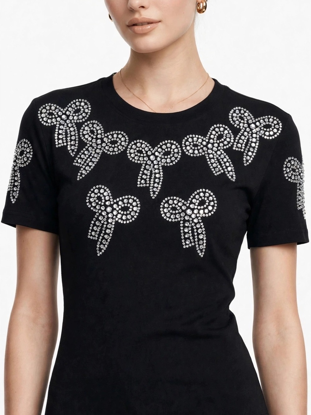 Black Short Sleeve Women’s Tee with Crystal Bow Accents